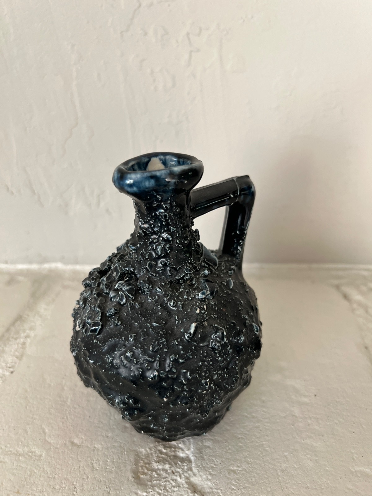Black Fat Lava Glazed Handled Jug Vase West German Style c1960s-70s Small