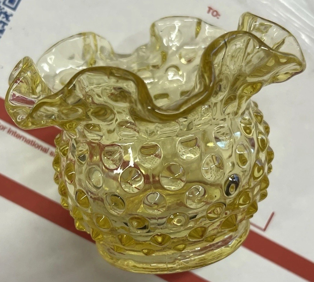 Fenton Amber Hobnail Glass Miniature Vase Bowl Double Crimped 3″