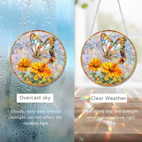 Stained Glass Window Hanging Sunrise Suncatcher, 8 Inch Round Gold Butterfly