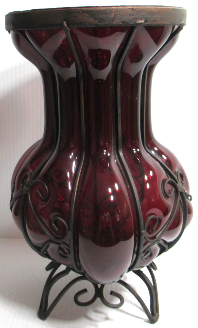 Vintage Hand-Crafted Ruby Red Glass Cased in Wrought Iron Vase 10 1/4″ Tall