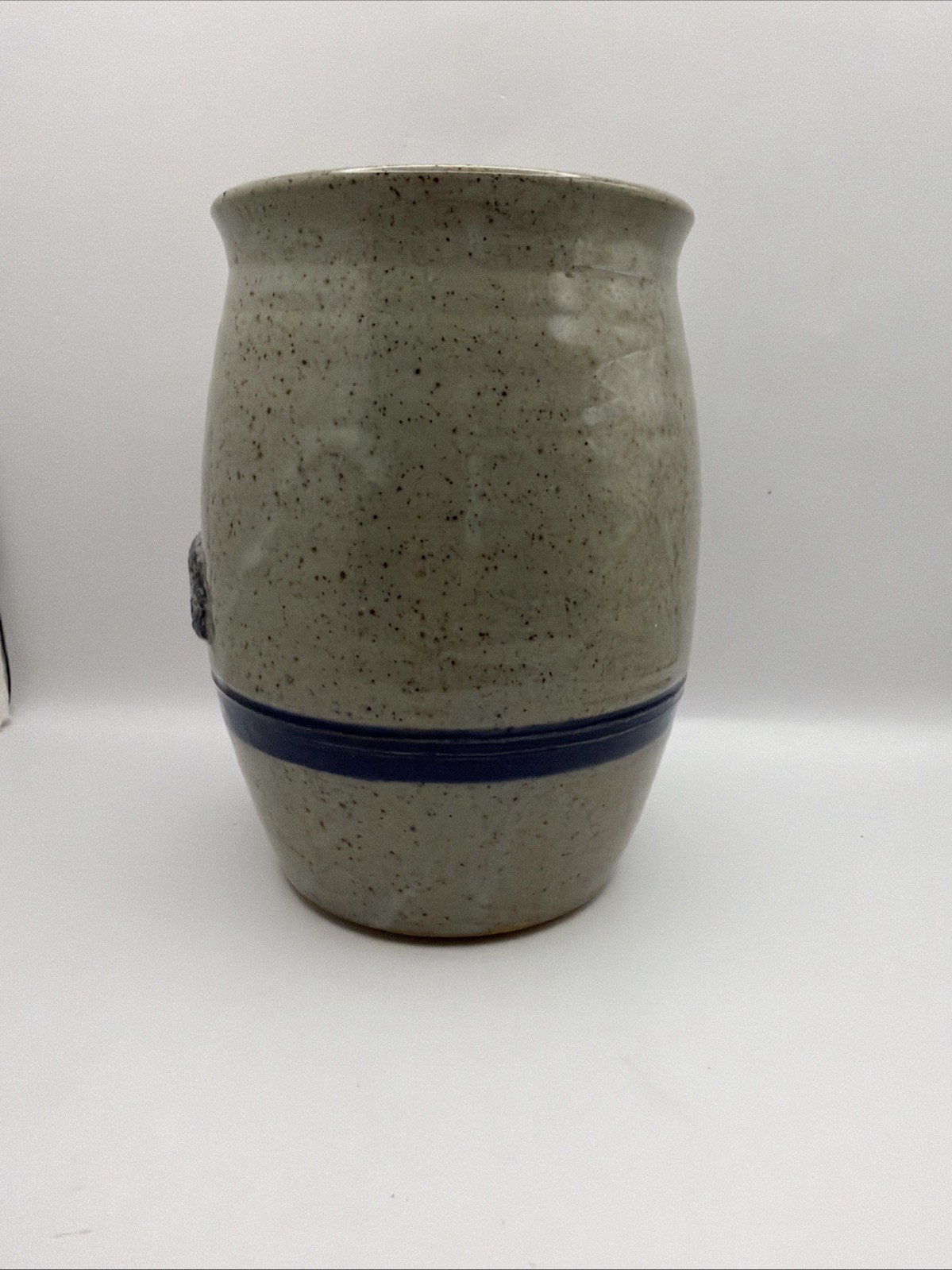 Speckled Art Pottery Crock Vase Utensil Holder Blue Duck Grey Glaze~6.5”