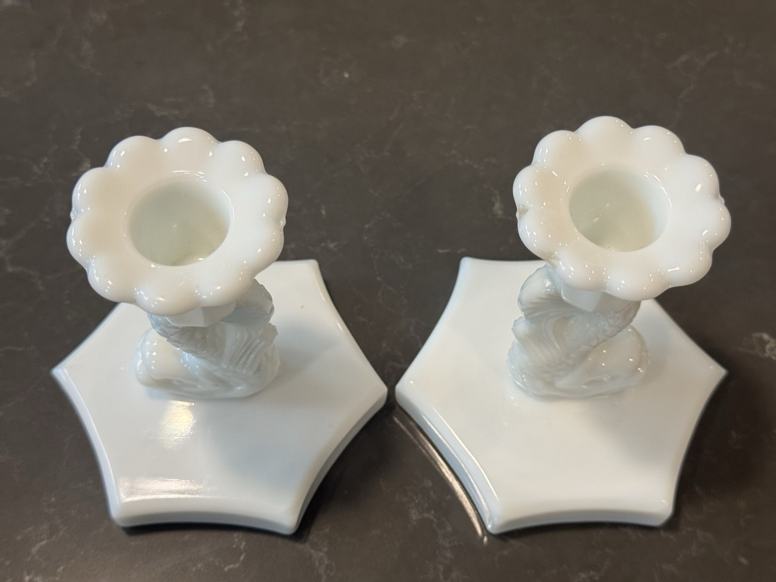 Westmoreland Glass DP 1 Series Dolphin 4″ Candlestick Pair in Milk Glass Custard