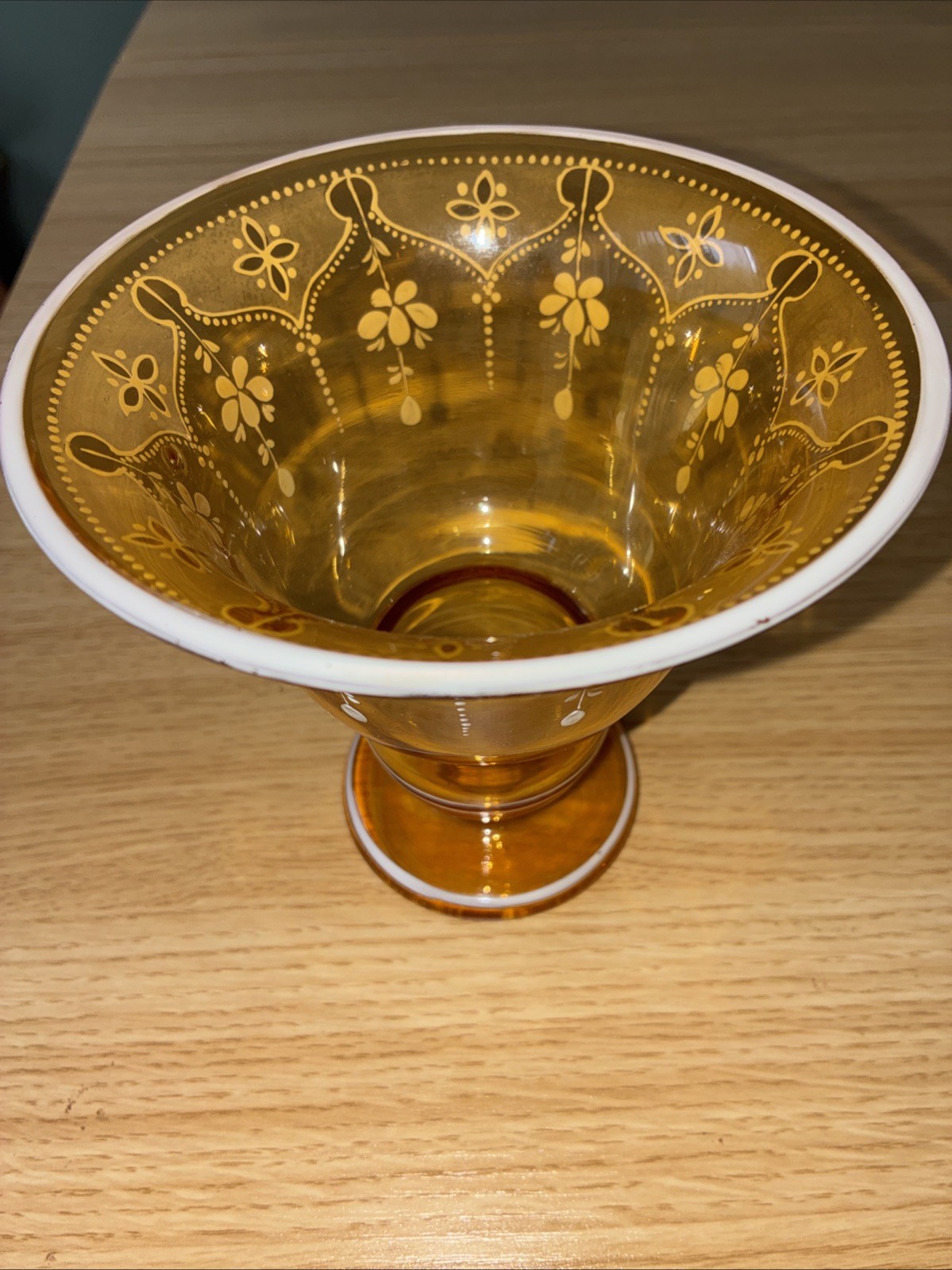 Bohemian Amber Hand Decorated Compote 5 1/4” Cut Glass