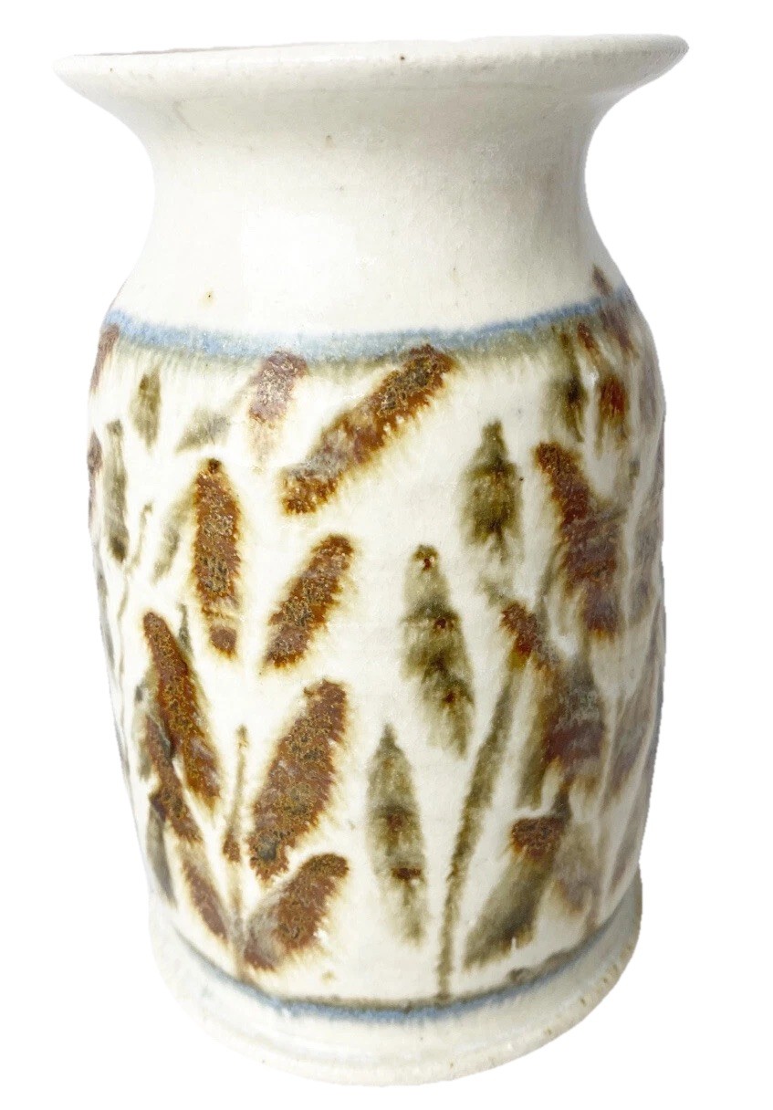 Stoneware Vase Blue Brown Cream 6 1/2 In Tall Wheat Design No Chips/cracks GUC