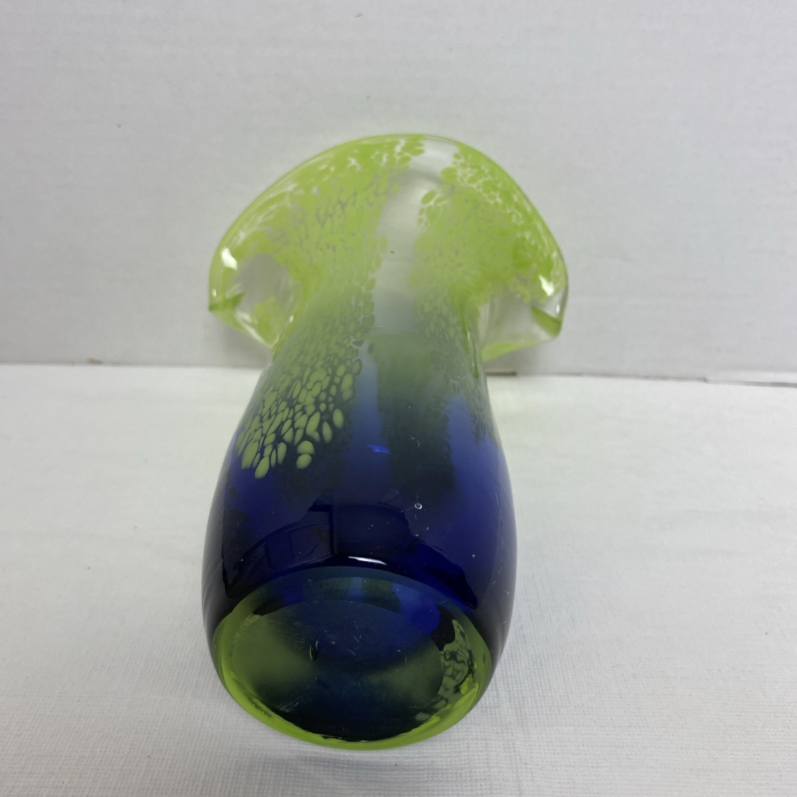 Handcrafted Art Glass Floral Vase Heavy With Blue & Green Swirl Design 7 3/4”