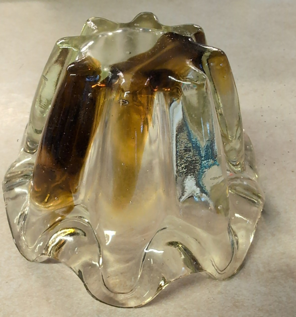 Small Handblown Murano Glass Pinch Edge Amber Bowl 3″ht 5 1/2″ diameter at top