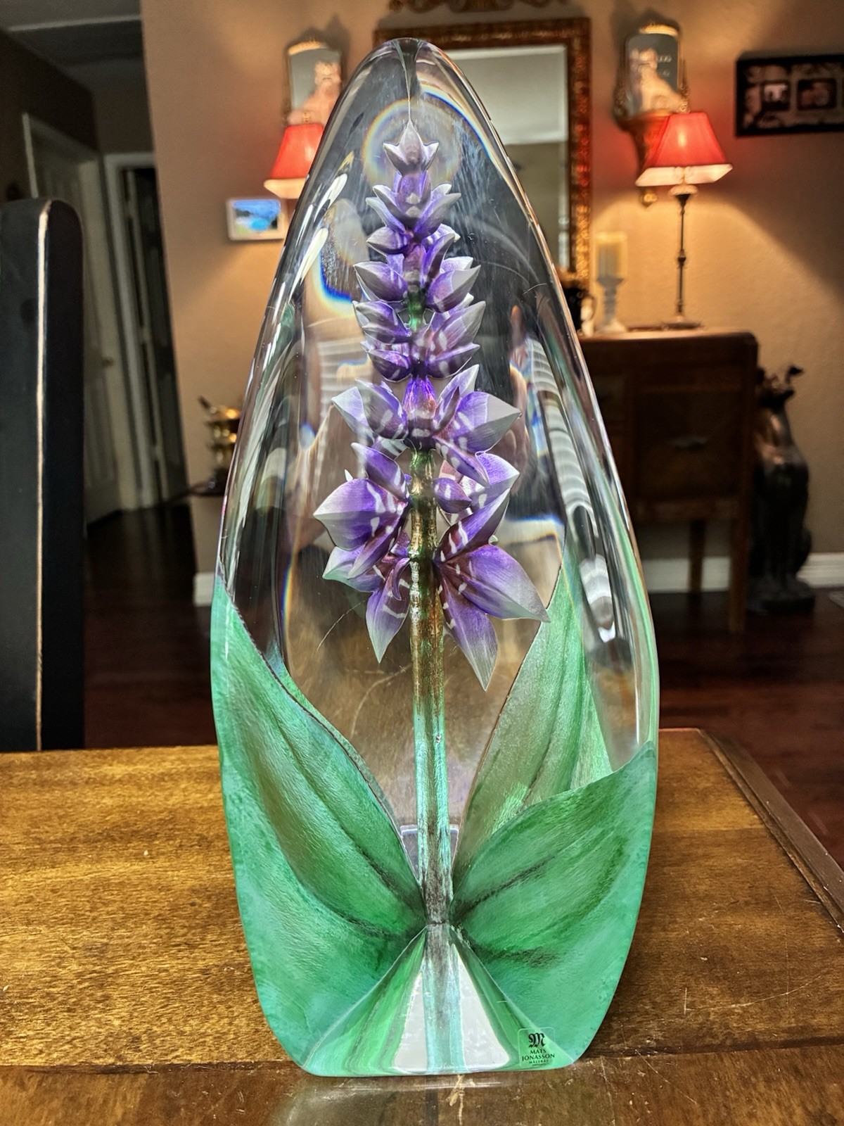 10.5″x4.25″x2.5″Mats Jonasson Purple Orchid Glass Sculpture Maleras Glass Sweden