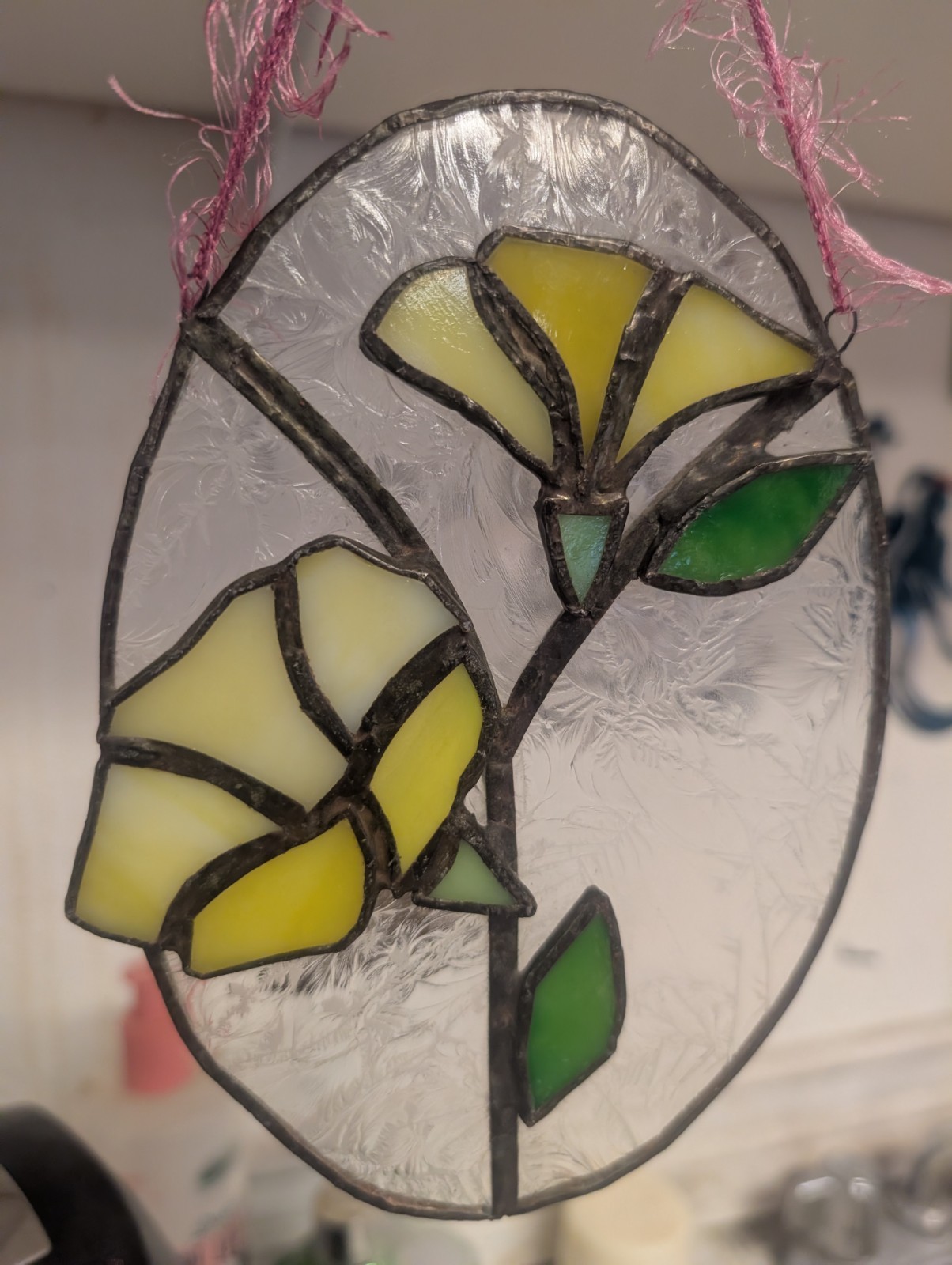 Sun Catcher Stained Glass Window Hanger Spring Flower Yellow morning glory 7″X5”