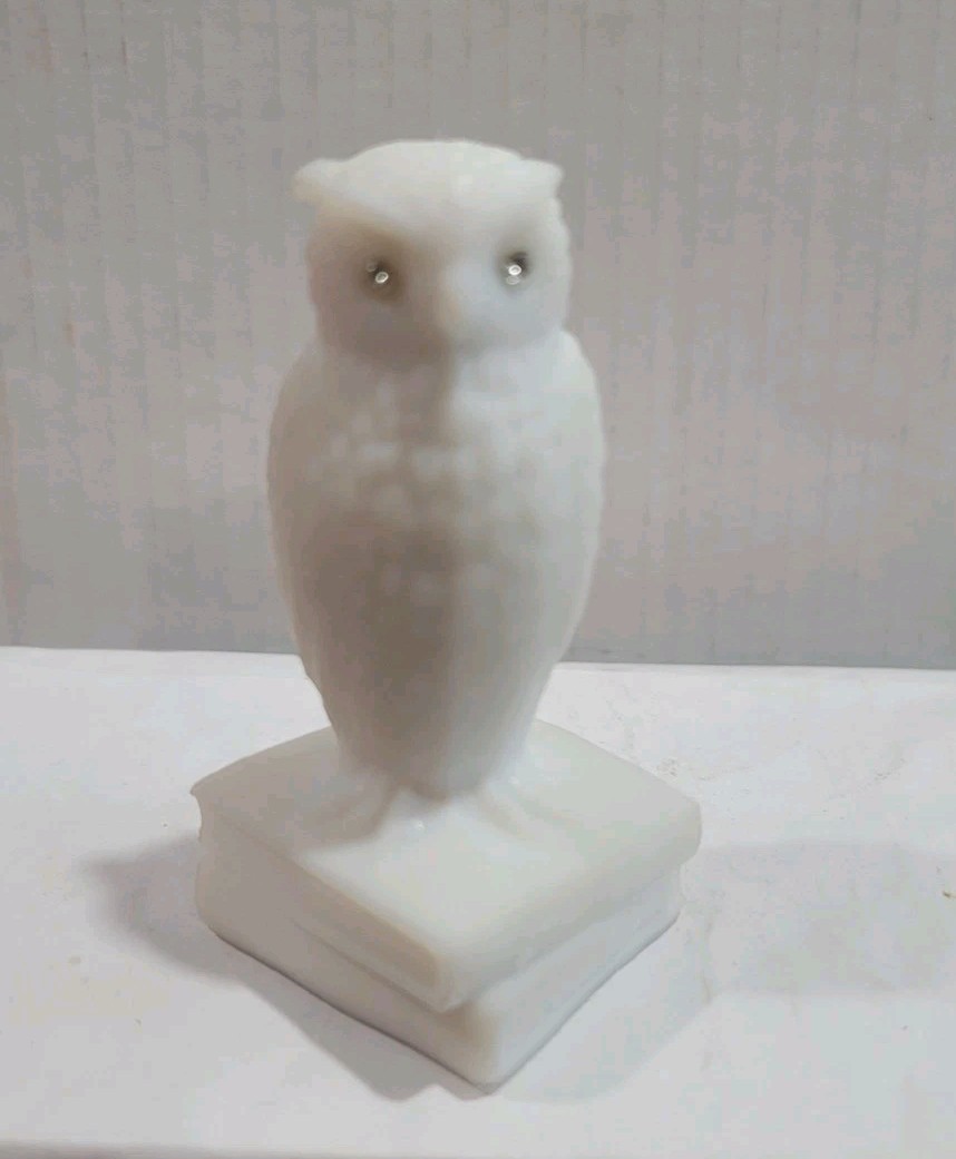 Vintage WESTMORELAND White Frosted Glass Owl On Books Rhinestone Eyes Figurine