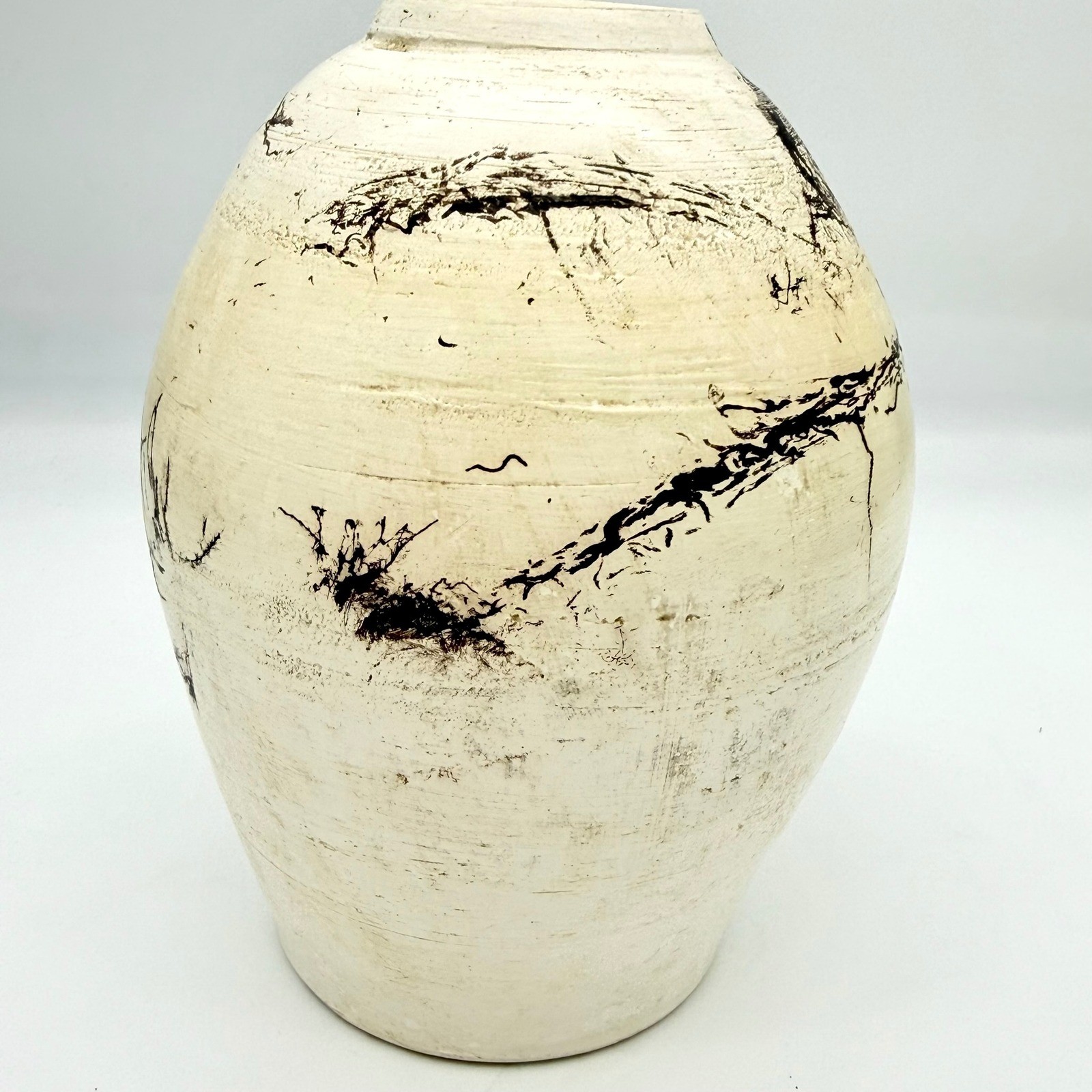 Jack Adelman Studio Pottery Horsehair Raku Vase Abstract Cream Black 7.25″