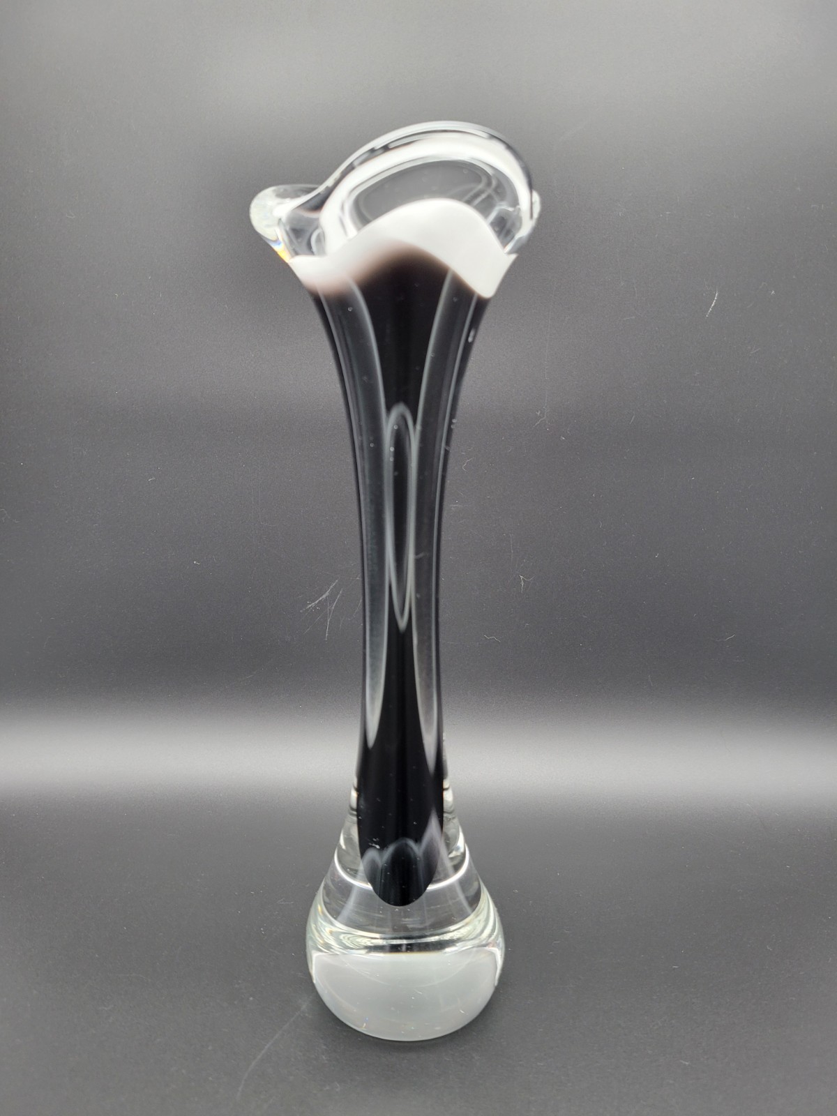 Vintage MCM Flygsfors Coquille 12 Inch Art Glass Vase Cased Black White Clear
