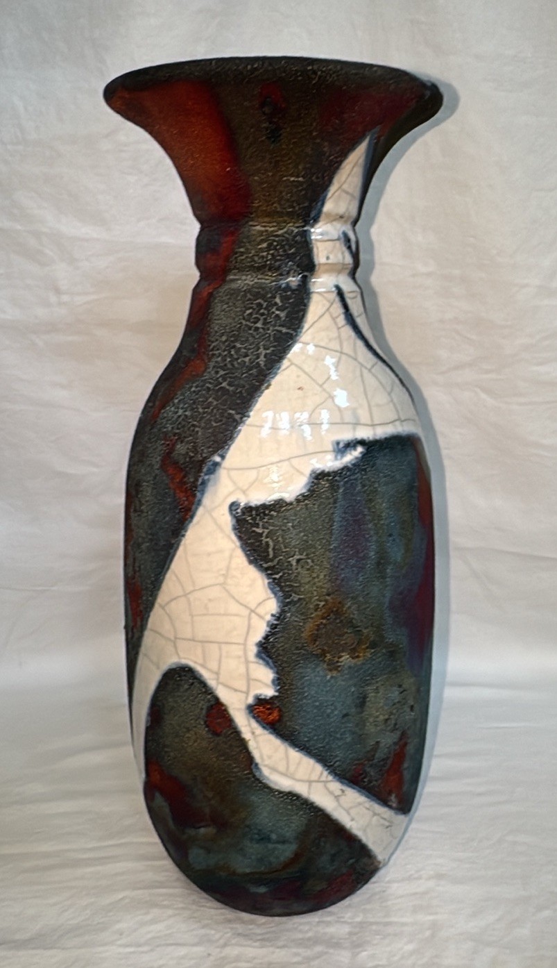 Vtg Scott Wilson 2004 Vibrant Peacock Colors RAKU 13.5” Vase Signed by Artist