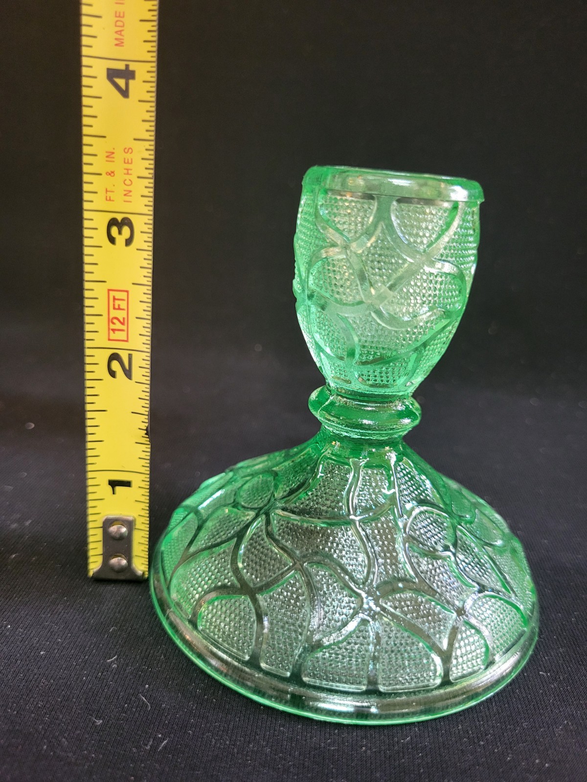 2 Uranium Glass Green Depression 3.5” Candle Sticks With Raised Patterns MINT