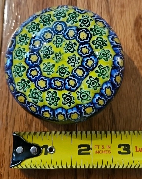 VTG Millefiori Art Glass Paperweight Floral Yellow And Blue, 3″, Unbranded.