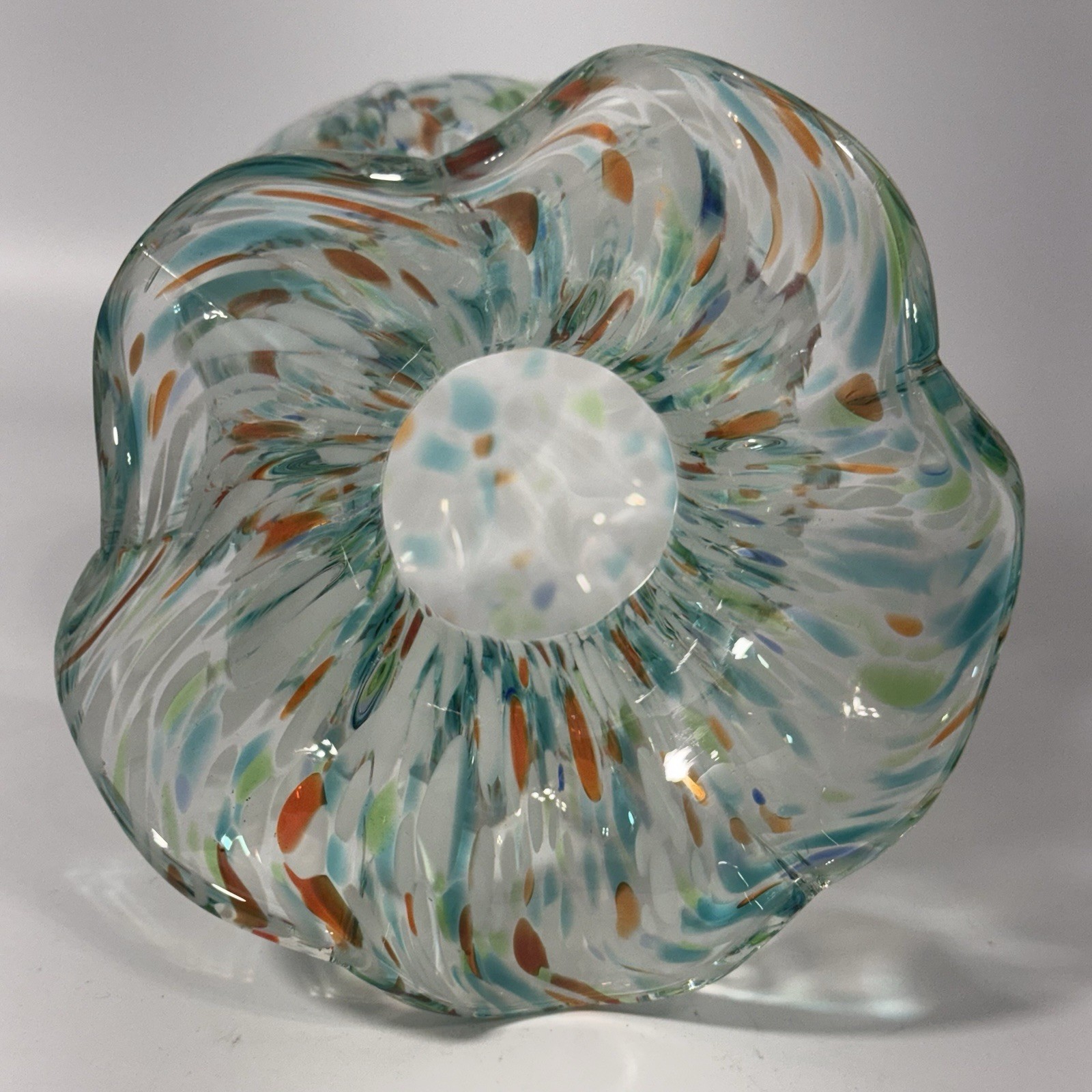 Vintage Italian Art Glass Vase Confetti Speckled Pattern With Ruffle Edge 8″