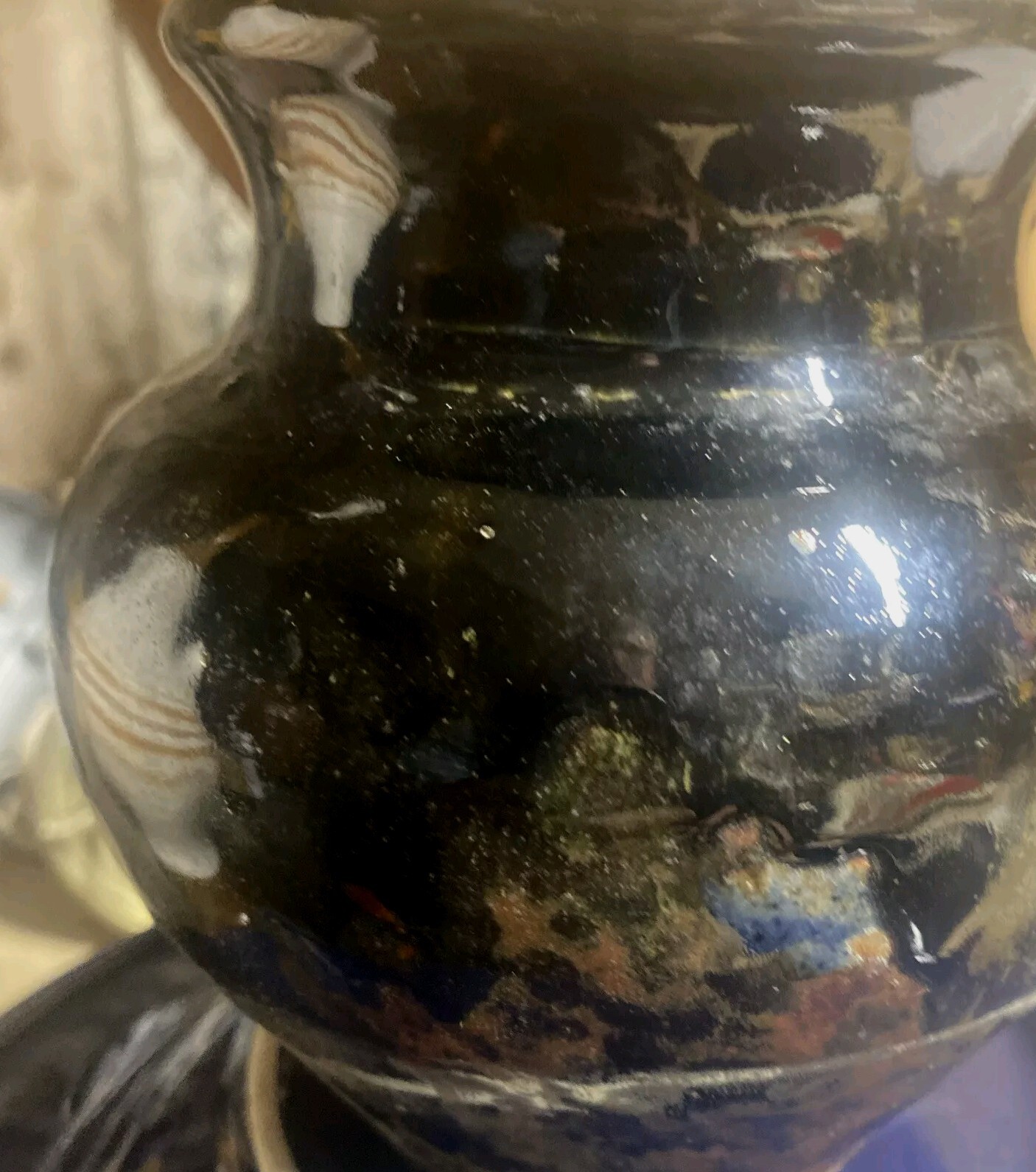TRUE VINTAGE 75’ STUDIO ART POTTERY Black Drip Glaze Over Browns Signed Marriott