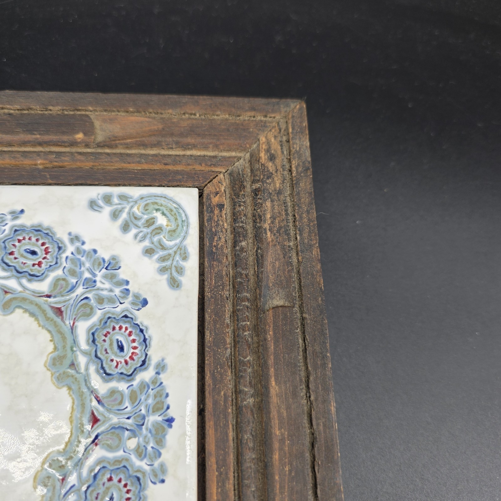Vintage Framed Ceramic Tile Trivet Coaster Mexico Italy Floral Medallion Wood