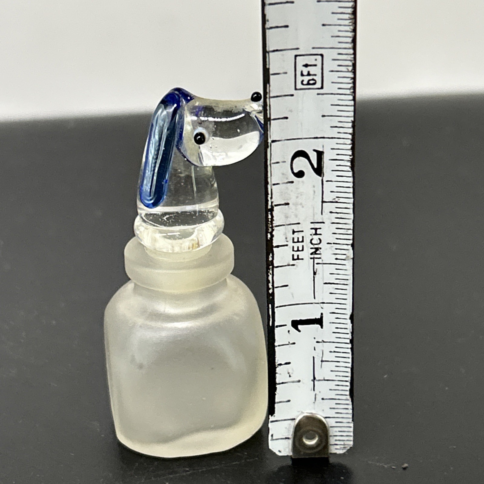 Vintage Miniature Perfume Bottle with Art Glass Dog Puppy Stopper 2″ Cobalt Ears