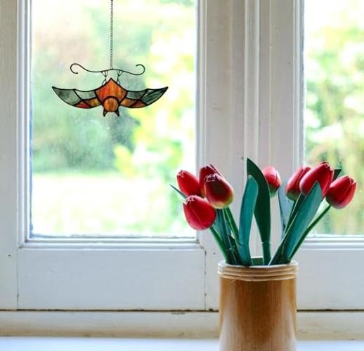Bat Decor Stained Glass Window Hanging Suncatcher for Window,Halloween Bat