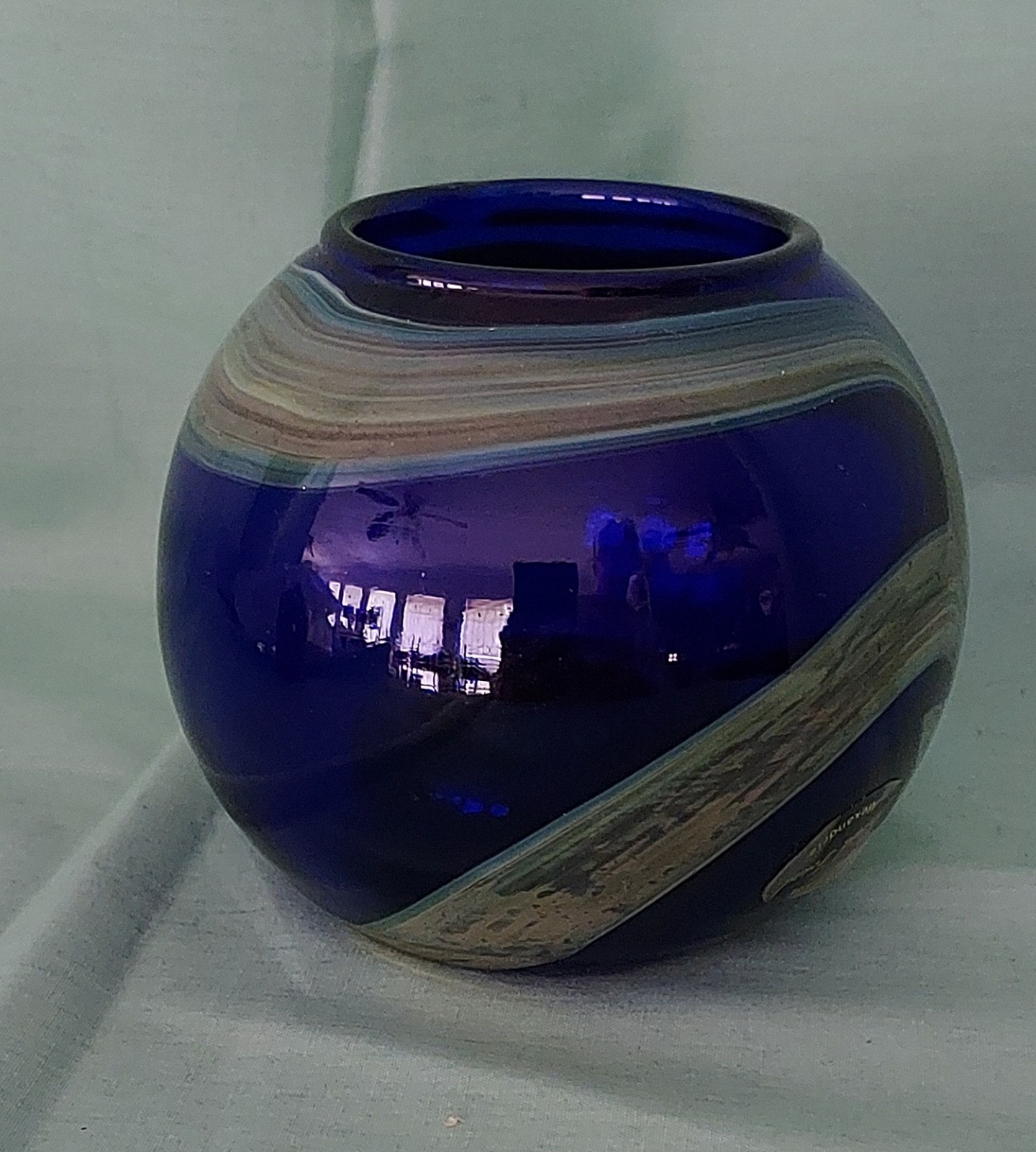 Ahmed Fouad Cobalt Blue/Gold Blown Glass Candleholder/Vase Egypt EUC