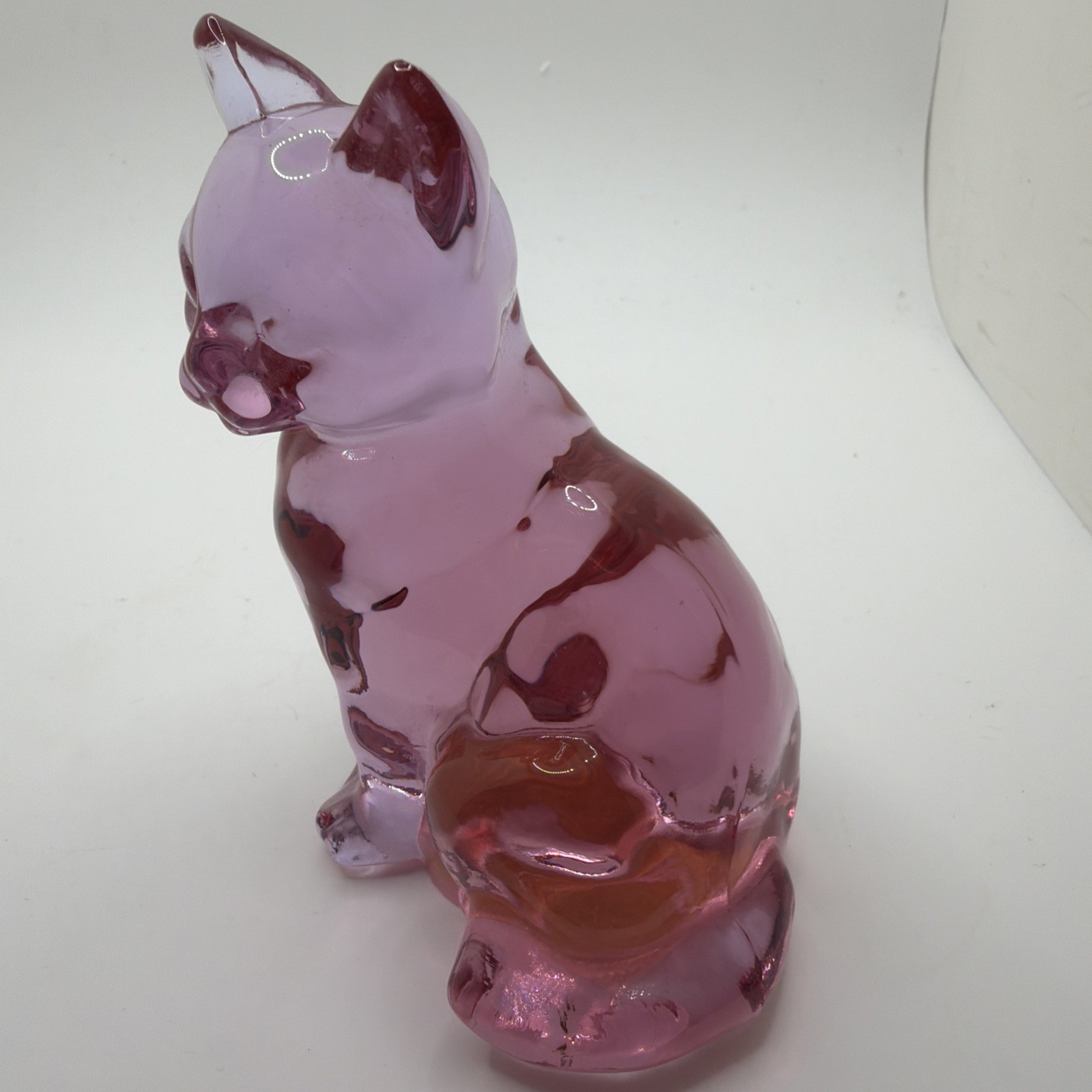 Vintage Collectable Fenton Glass Cat Kitten Sitting Light Cranberry Pink Stamped