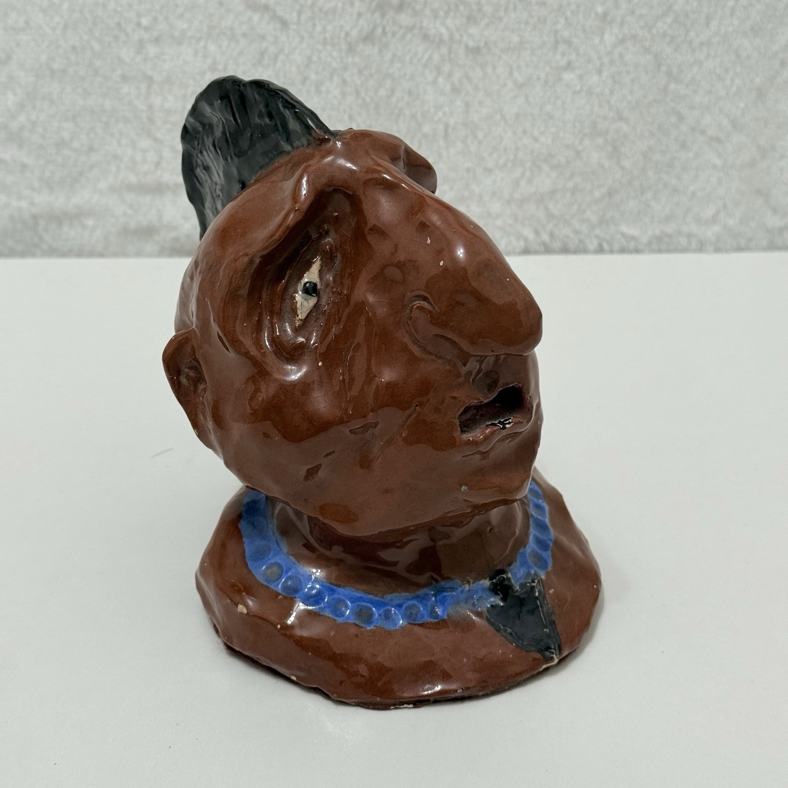 Native American Head Sculpture Thrown Art Studio Pottery Glazed VTG Ugly Old