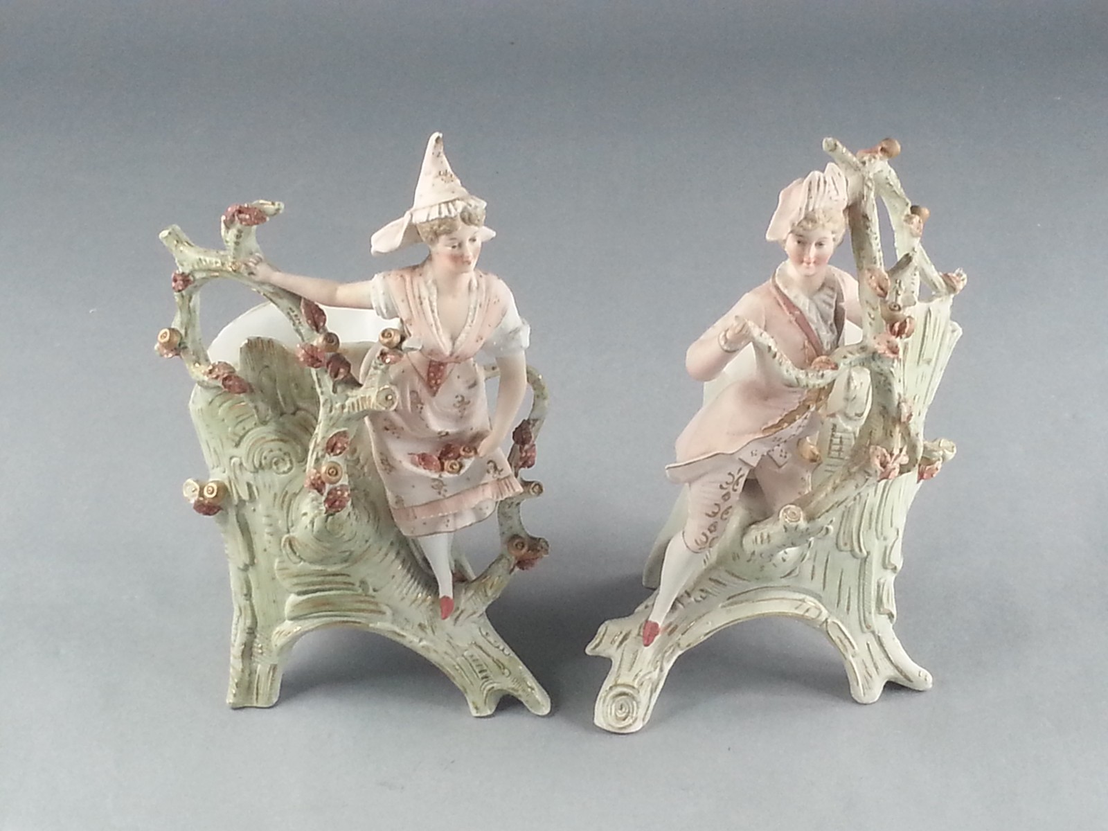 Vintage Pair 2pc Bisque Porcelain Figurines Vases Rococo Style Man Woman Branch