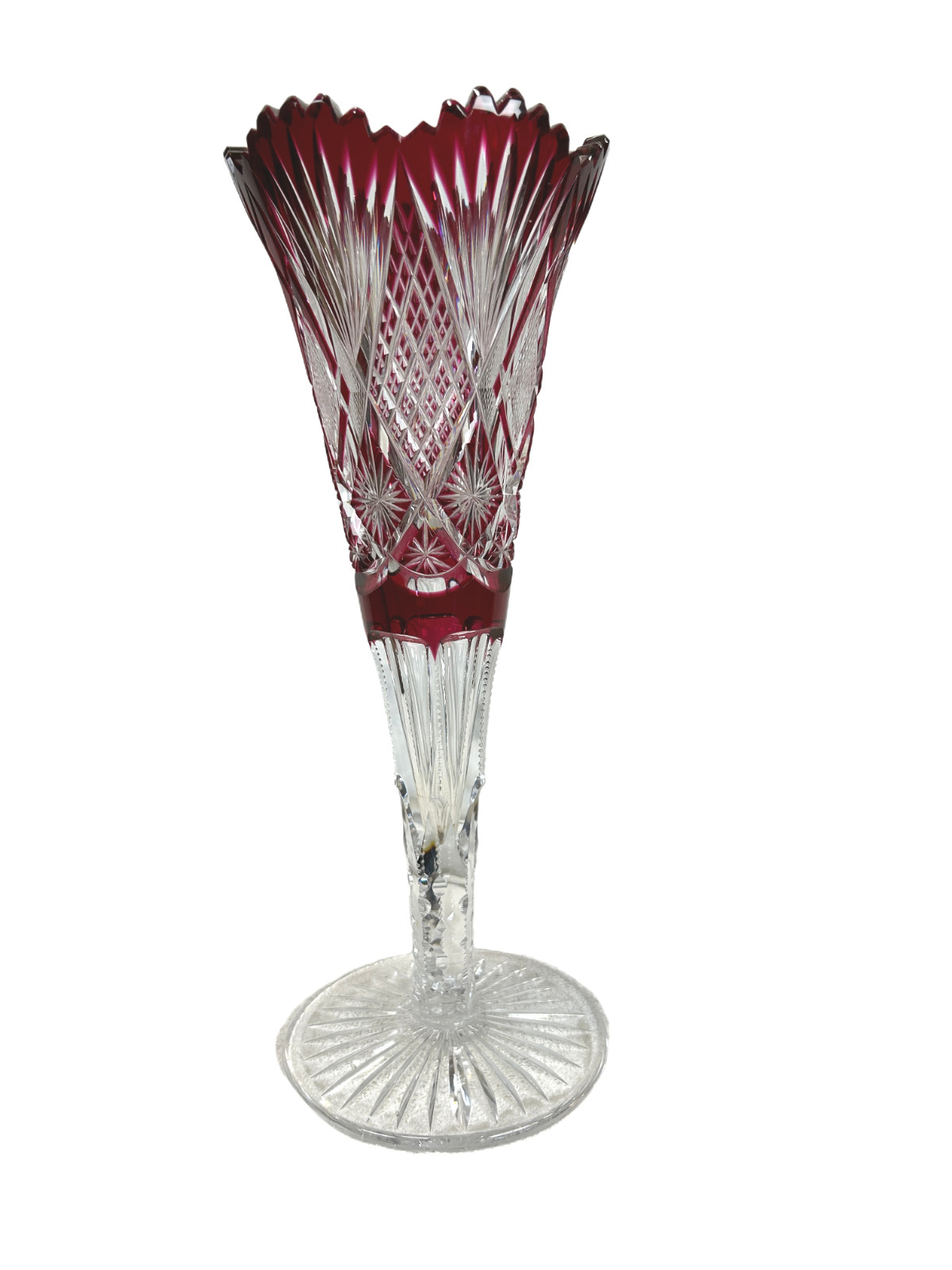 1900s Libbey Brilliant Period Cranberry Cut to Clear Harvard Pattern 14″ Trumpet