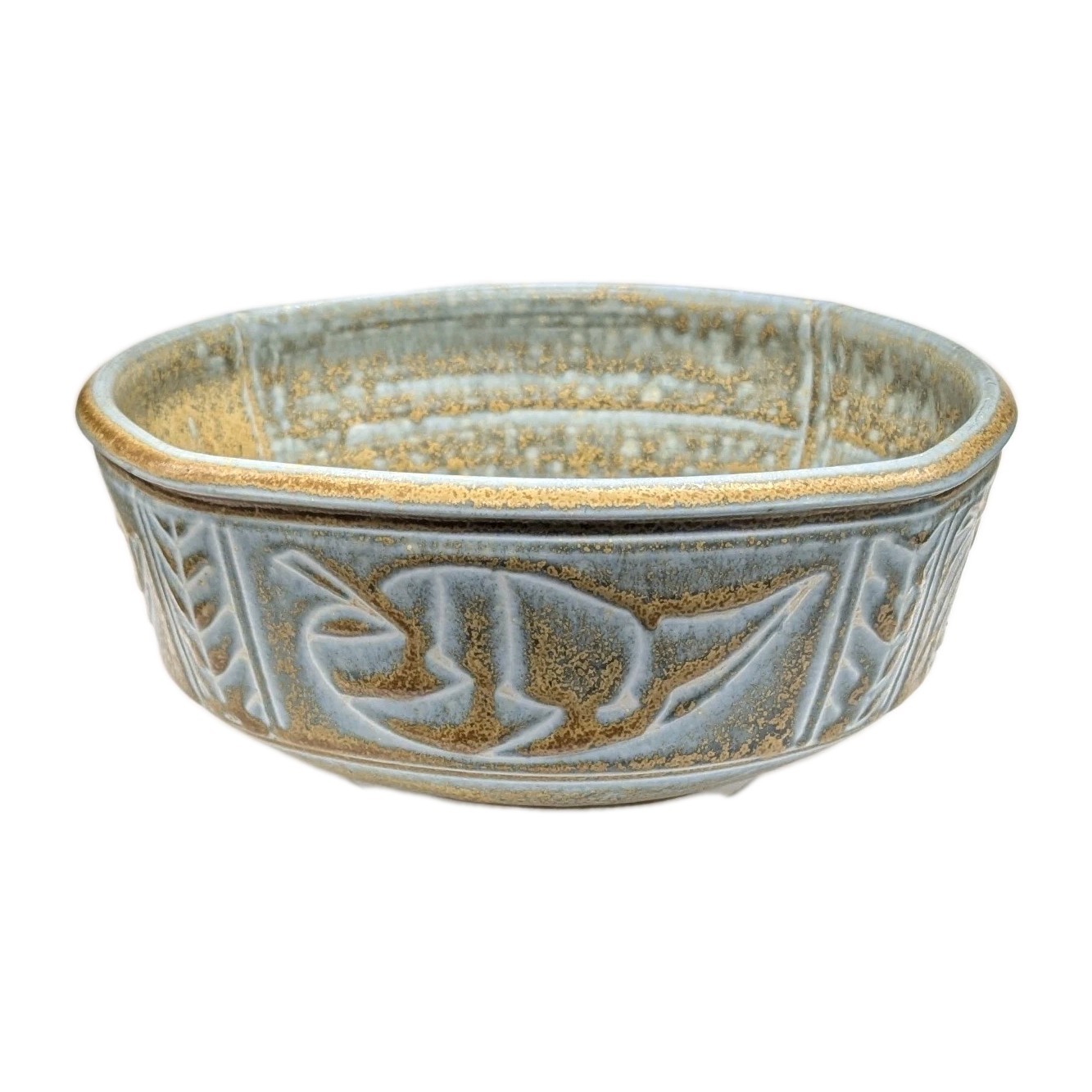 Studio Art Pottery Bowl Planter Incised Leaf Design Green Brown 7-5/8″dia Moyer