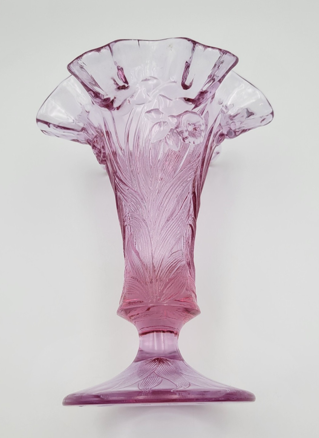 Fenton Empress Rose Pink Art Glass Vase Daffodil Embossed Ruffle Top Footed 7″