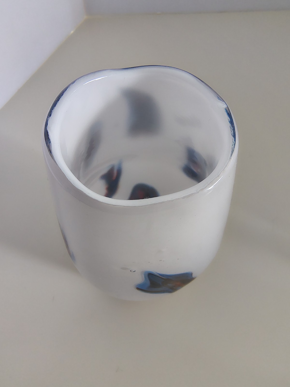 VTG 1970s Opaline Vase Hand Blown White Blue Macchie MCM Art Glass Pontil
