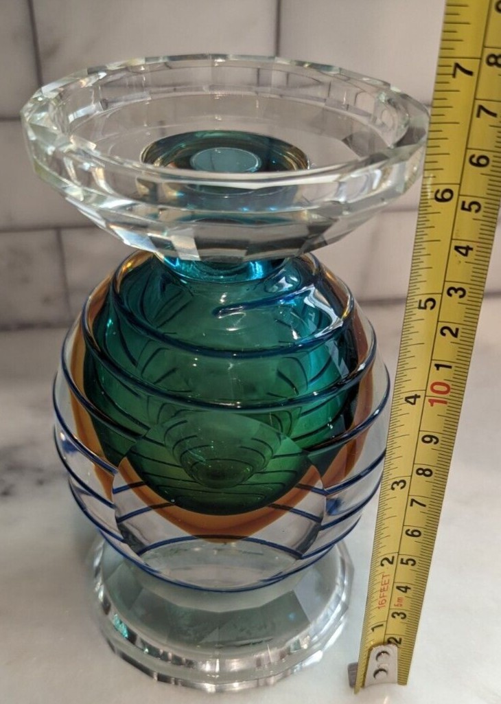 Fifth Avenue Crystal Faceted Clear, Green and Orange Art Glass Candle Holder