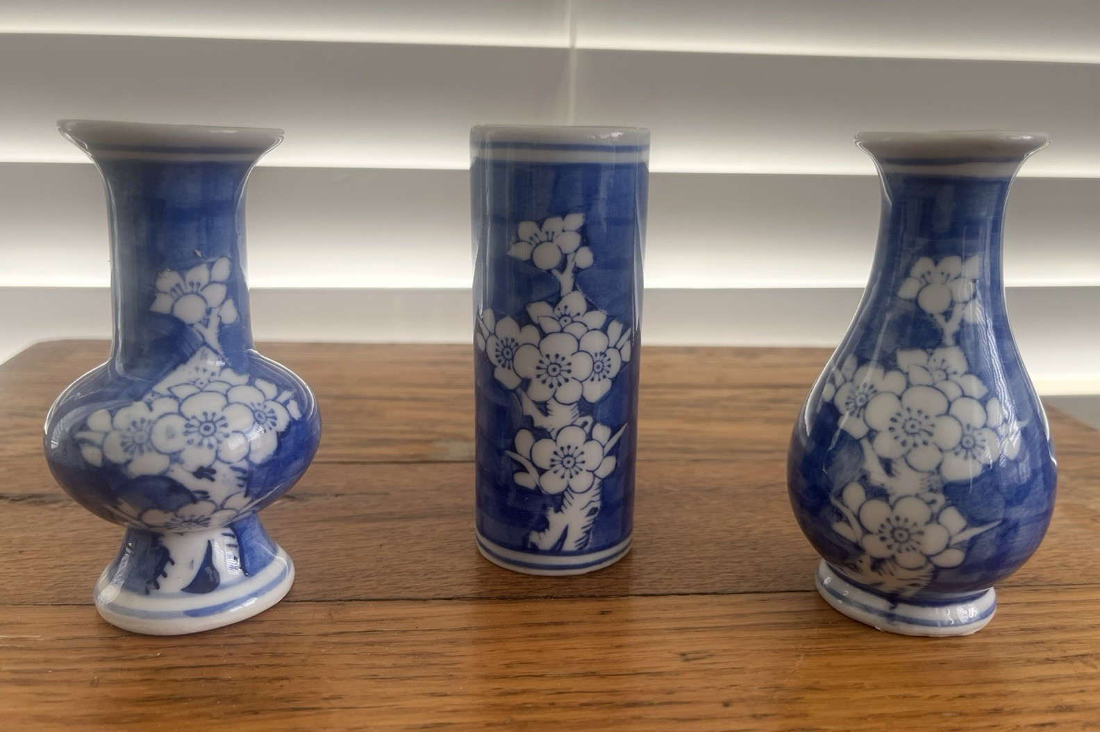 Set of three vintage Chinese miniature porcelain bud vases