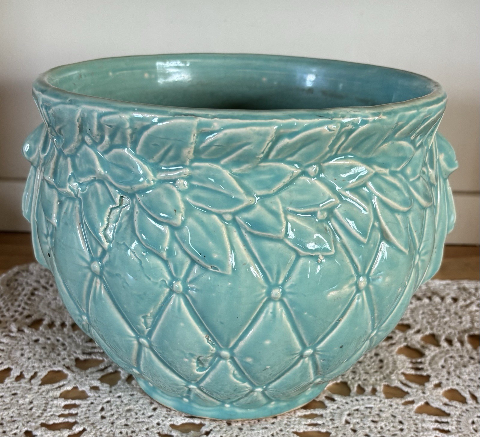 Vintage McCoy Planter Diamond Quilted Leaf Berries Seafoam Green Jardiniere 1930