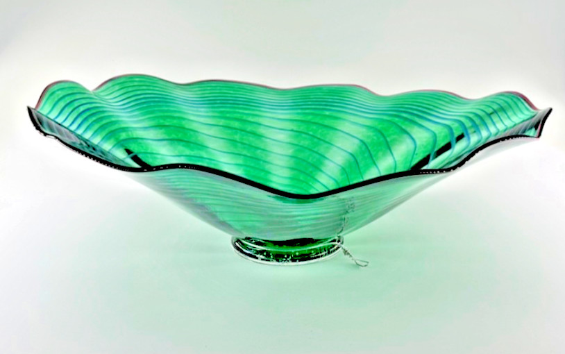 Signed Studio Art Glass Platter/Bowl 2005 Large Green Ribbed Swirl 19” P23