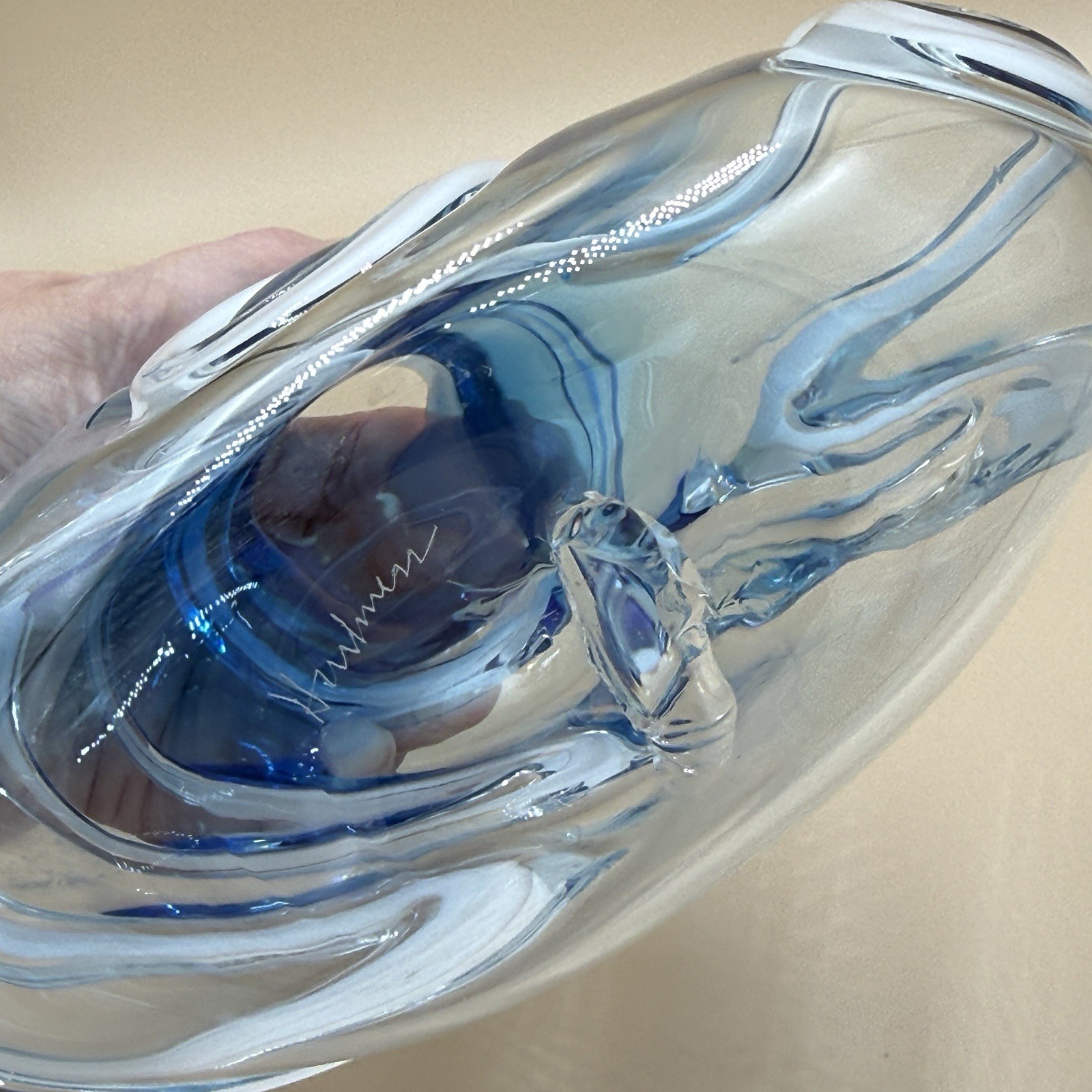 Vintage Richard Harkness Studio Art Glass Abstract Blue Ombre Round Vase 6.25”