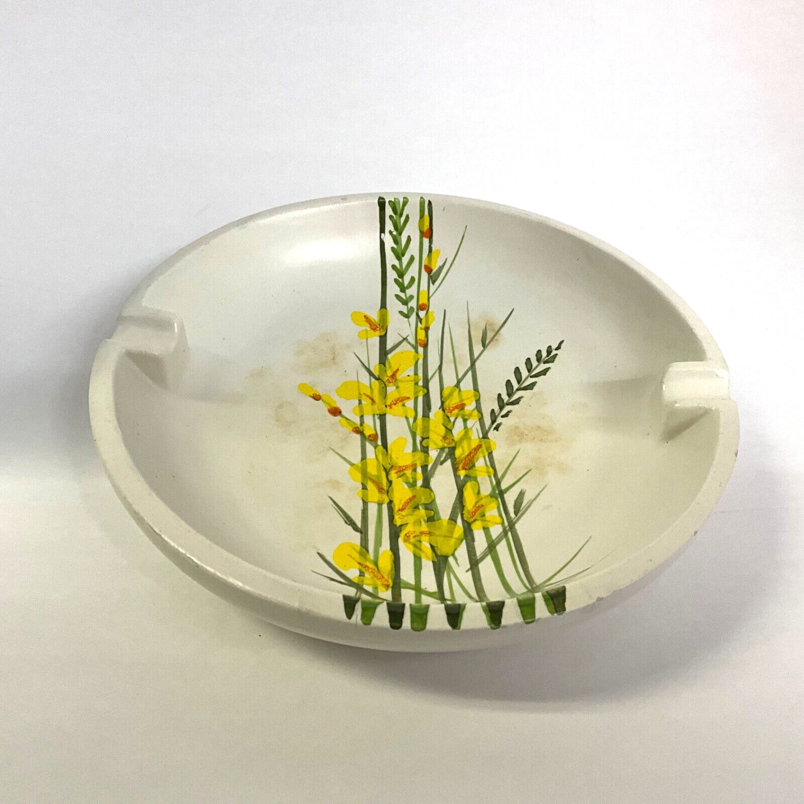 Vintage Ashtray MCM Pottery Matte Glazed w Hand Painted Flowers Italy 8.25”W
