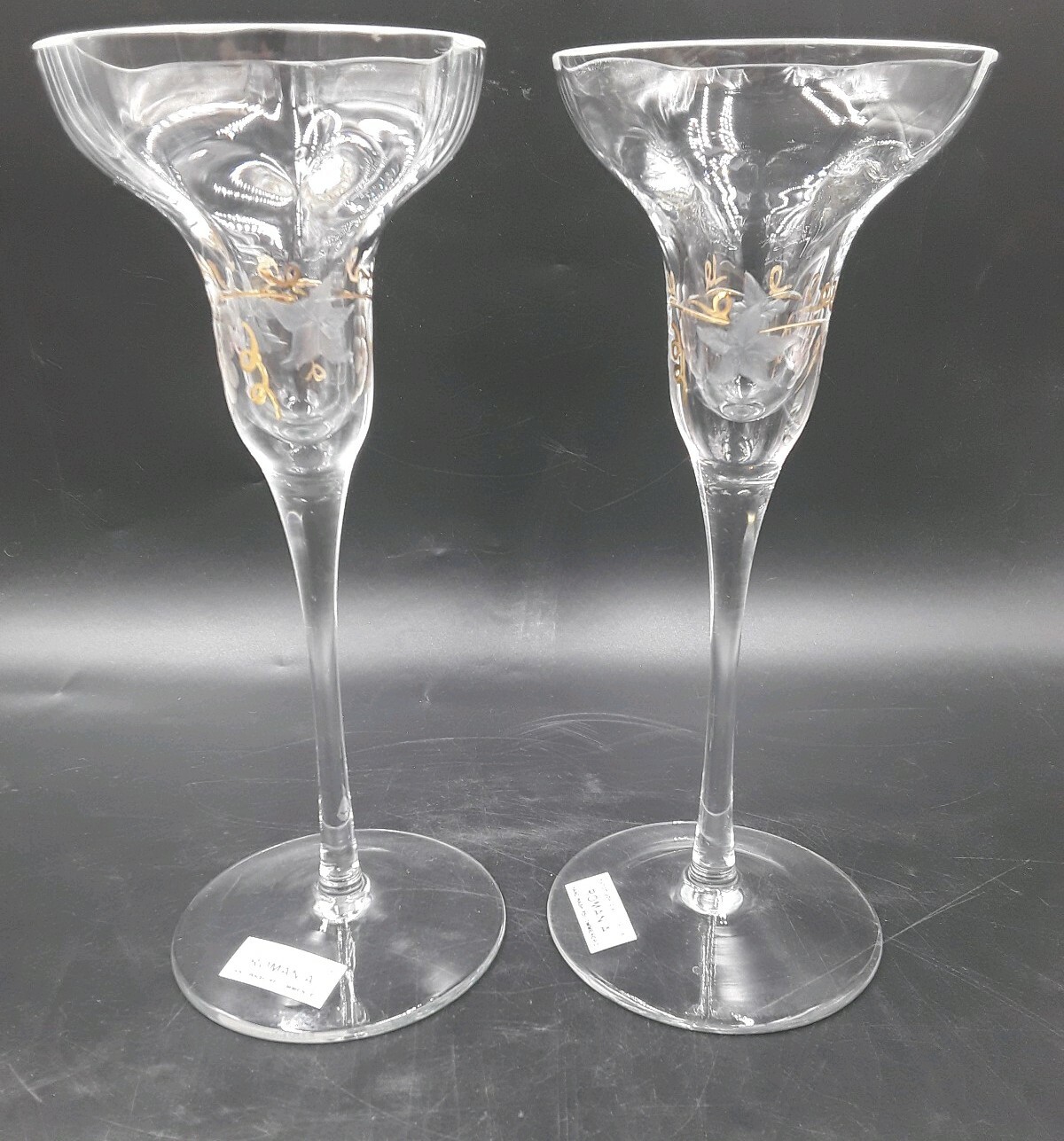 2 Romania Glass crystal Romania Long Stem Candle holders Etched and Handpainted