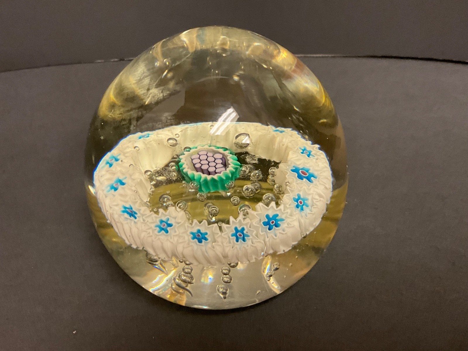 Clear Glass/ Millefiori Art Glass Paperweight Turquoise & White 3″ T