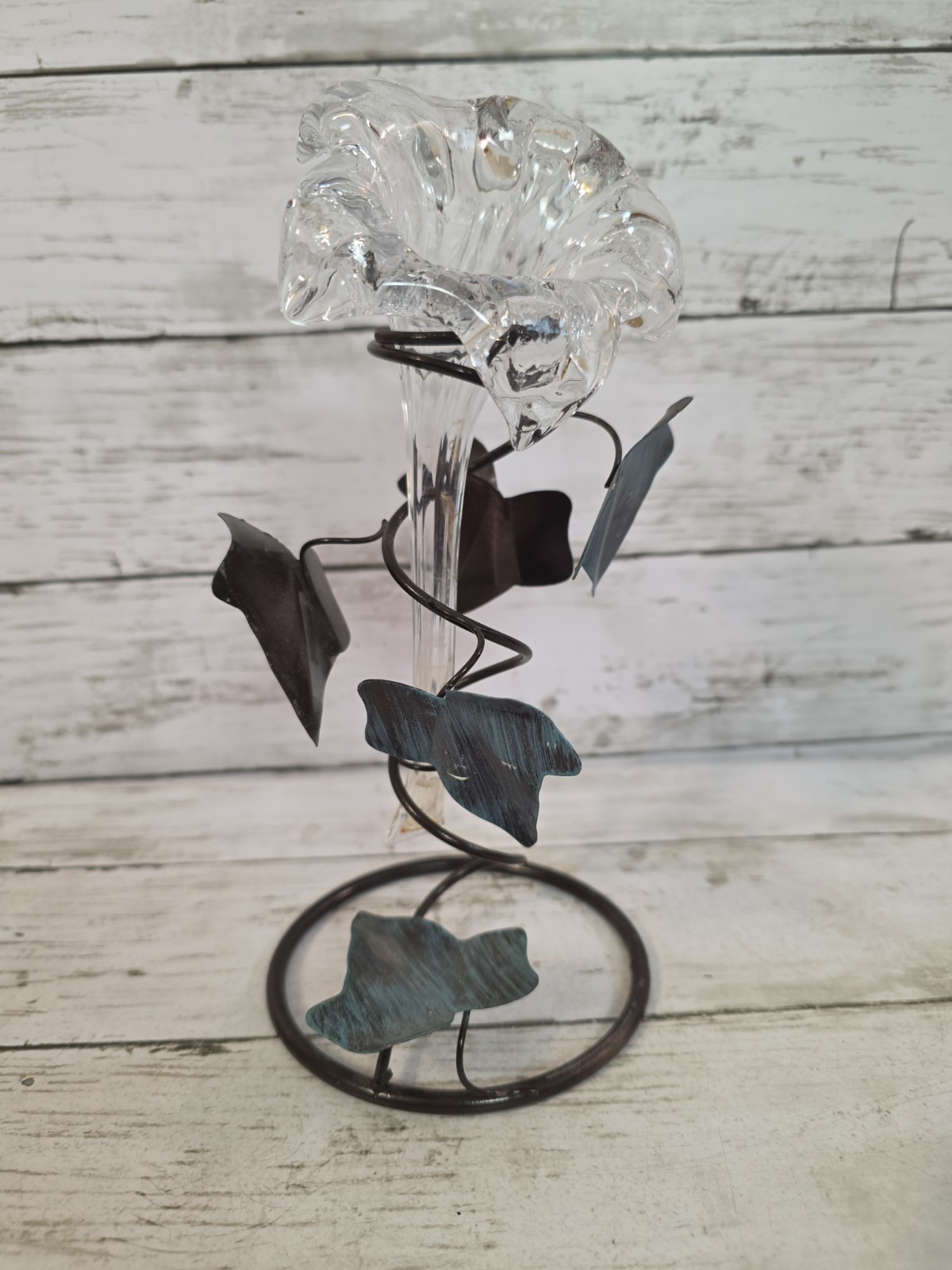 Vintage Hand Blown Glass Flower Vase On Metal Base With Metal Leaves 10″ Tall