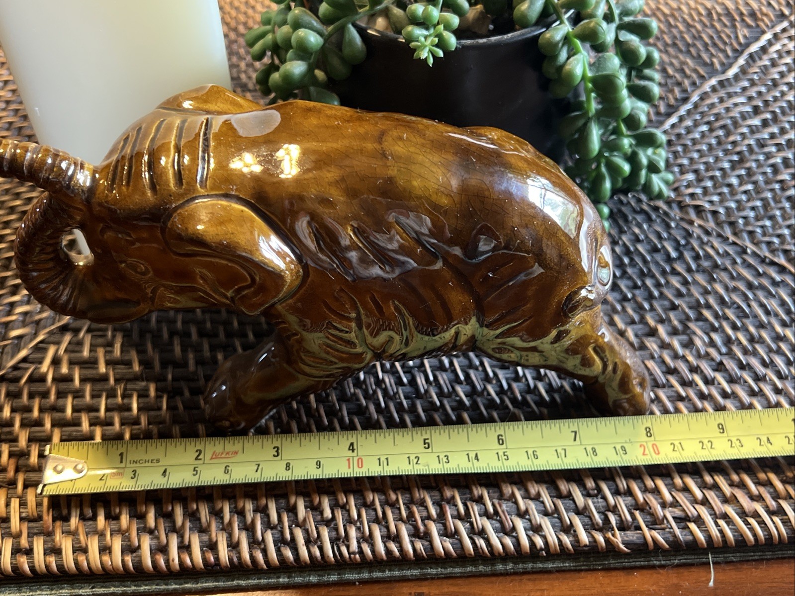 Vintage Van Briggle Elephant Trunk Up Golden Brown Gloss Glaze Figurine- Signed