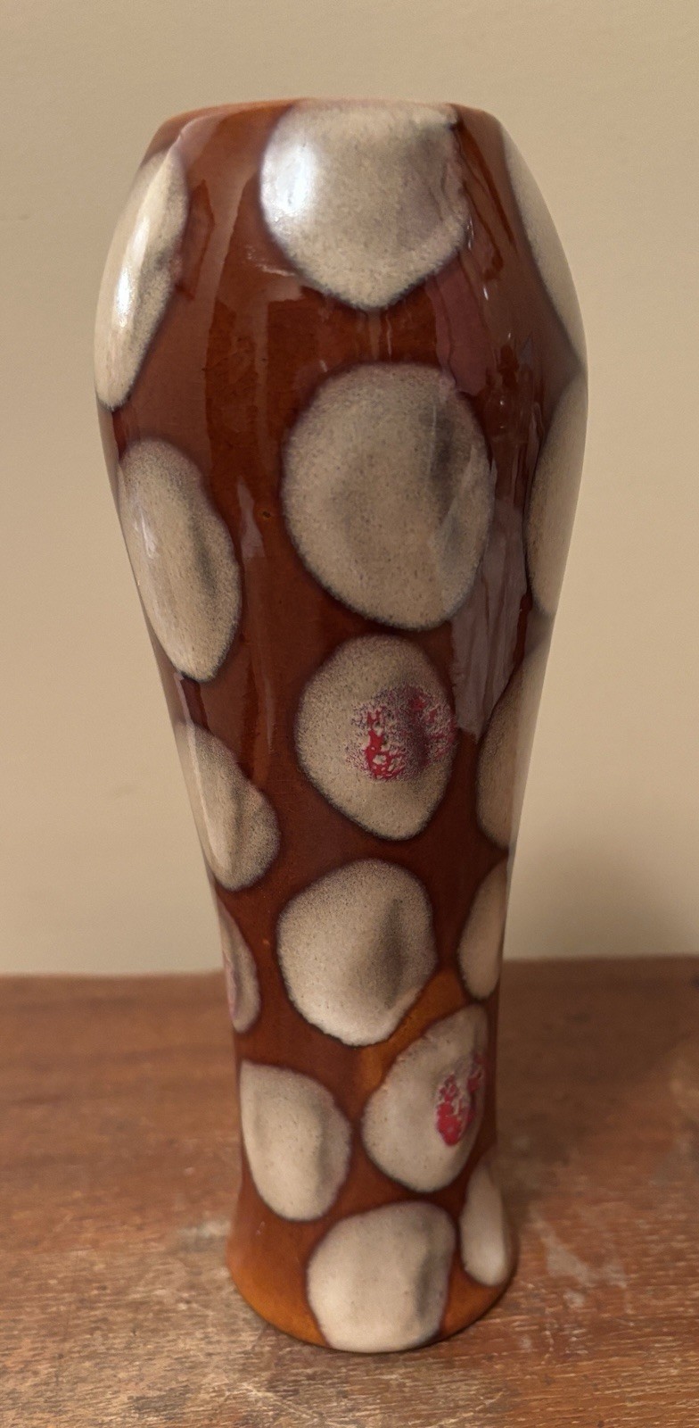 Vintage Spotted Glossy Glazed Pottery Vase Brown Beige Red Unique 8.25” tall