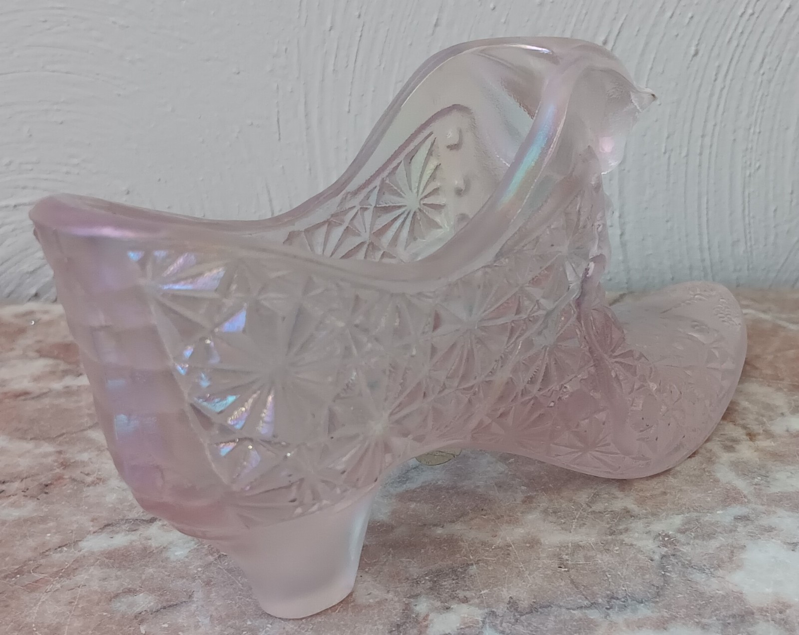 Fenton Art Glass Daisy & Button Cat Slipper Shoe Pink Opalescent Carnival Glass