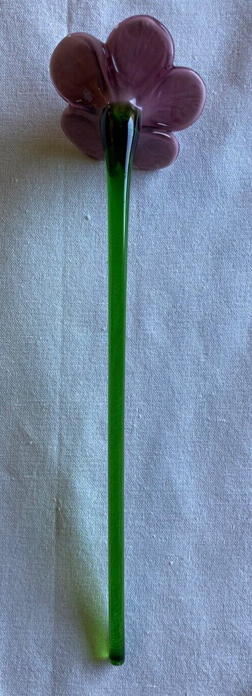 Vtg MCM Blown Art Glass Long Green Stem Plum Purple Flower 10 3/4″
