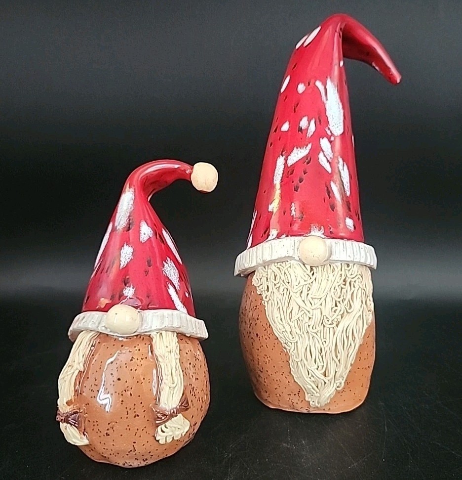 Whimsical Studio Art Pottery Clay Sculpture Gnomes Christmas Pair Signed