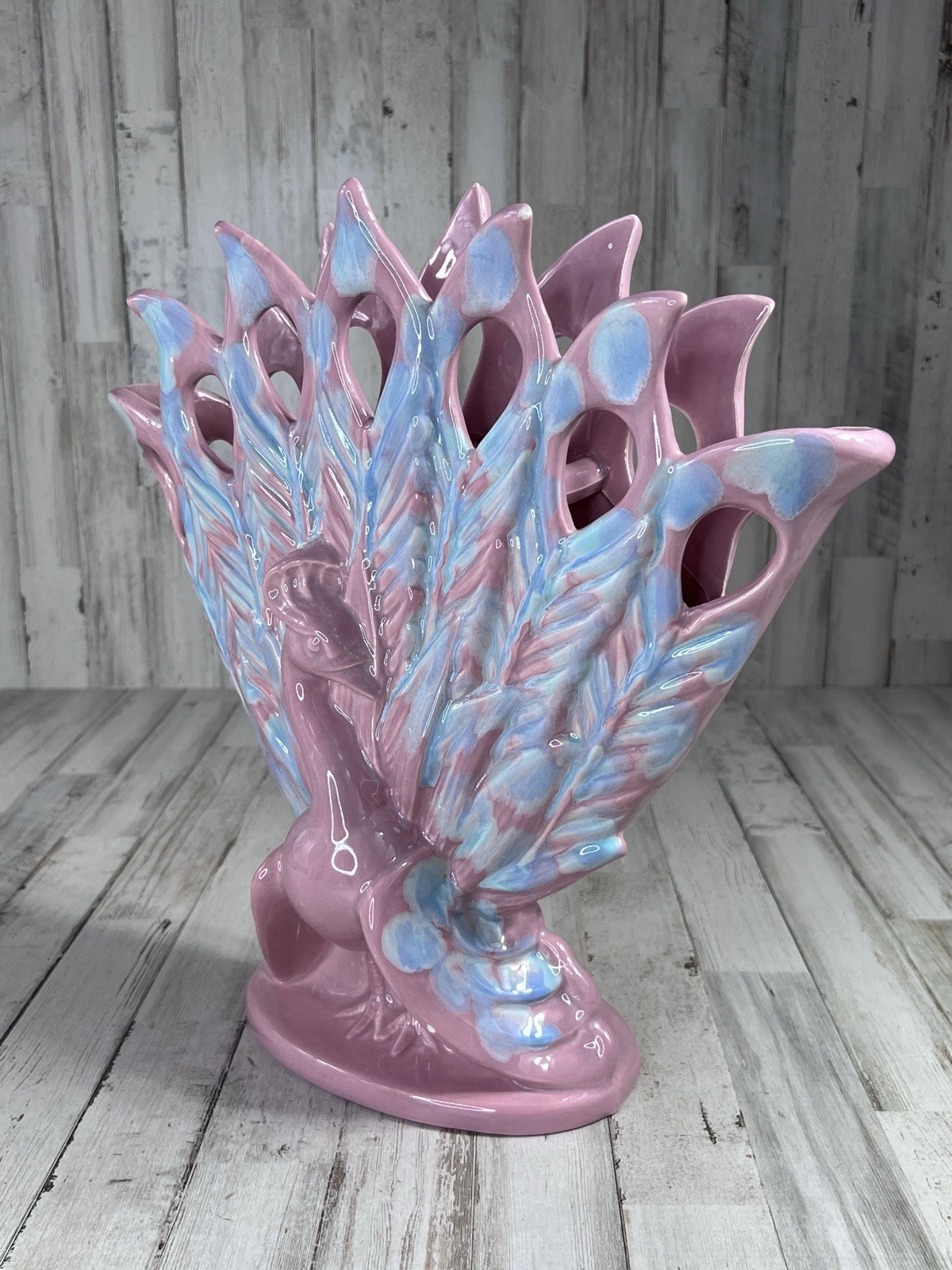 Vintage Royal Haegar Spotted Pink And Blue Peacock Vase