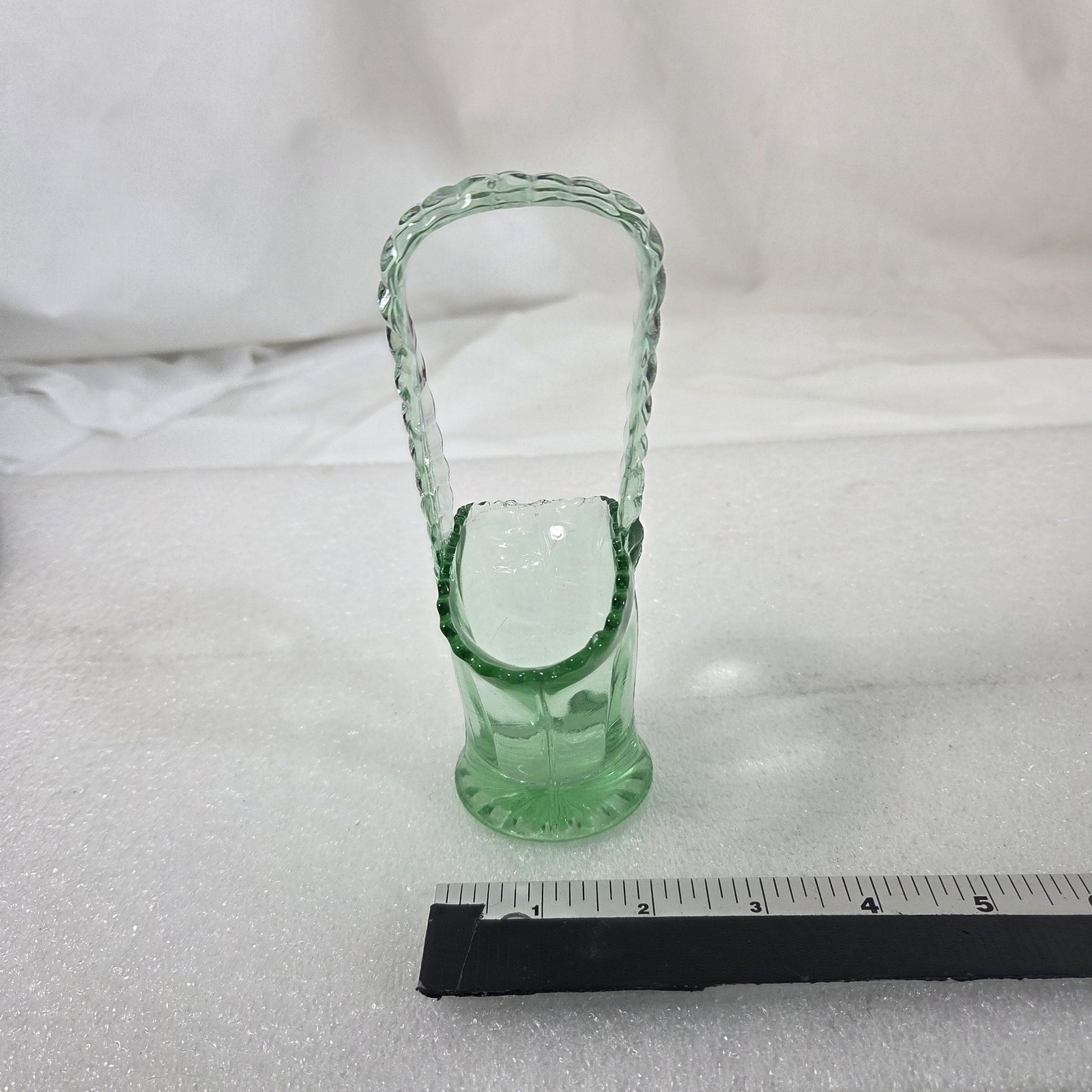 Green Pressed Glass Basket Scalloped Crimped Rim Twisted Handle Art Glass Decor