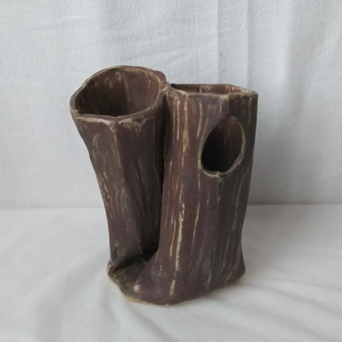 Handmade Pottery Vase Double Vessel Vintage 1998 Tree Trunk Rustic Signed