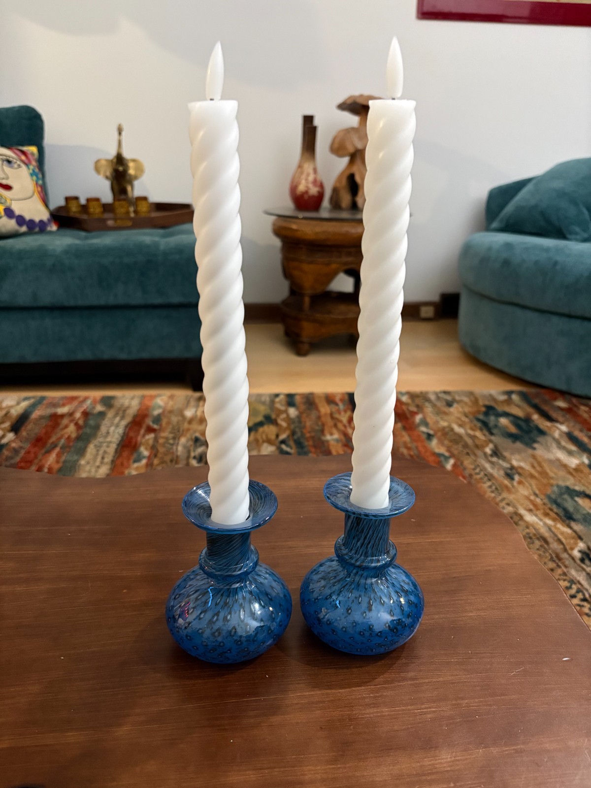 TWO Kosta Boda Bertil Vallien ? Candle Stick Holder Blue Blown Art Glass Signed