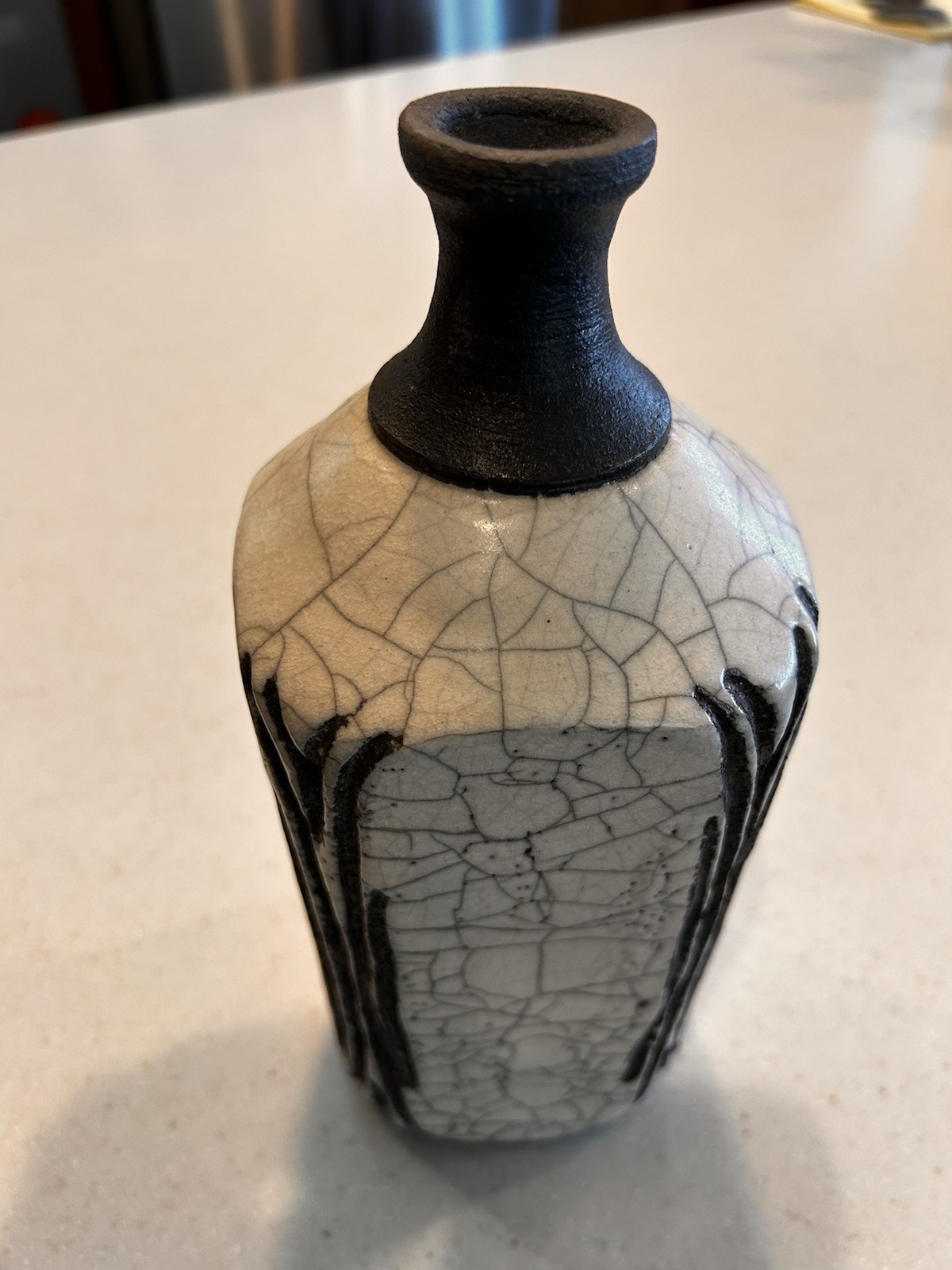 Crackle Studio Pottery Vase, Signed, Unique, Rough Clay Top/bottom Raku 9.5”